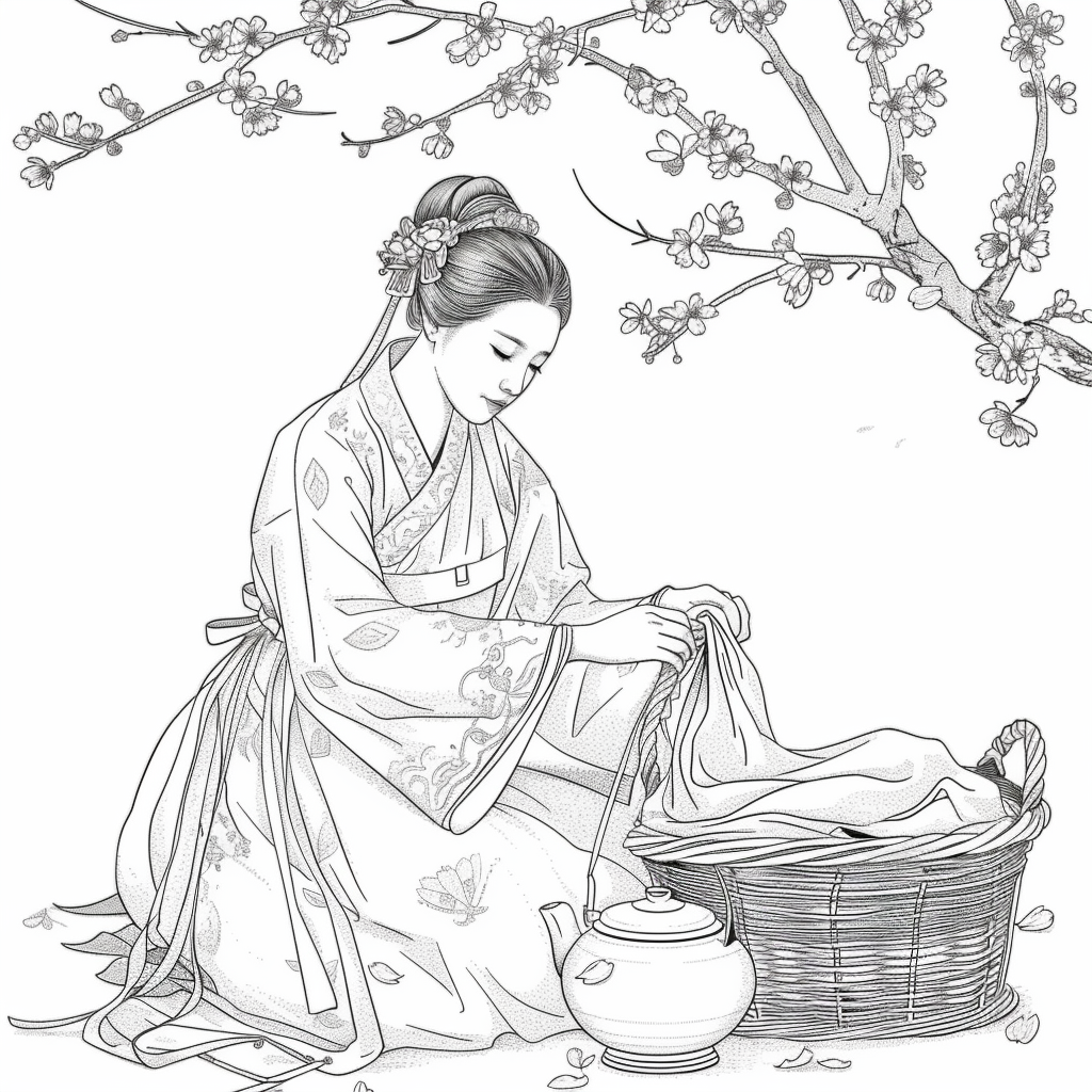 Spring Serenity: Maiden in Hanbok with Tea and Blossoms