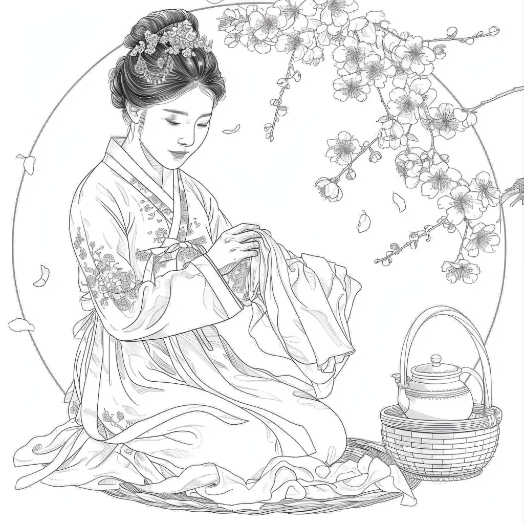 Spring Serenity: Maiden in Hanbok with Tea and Blossoms