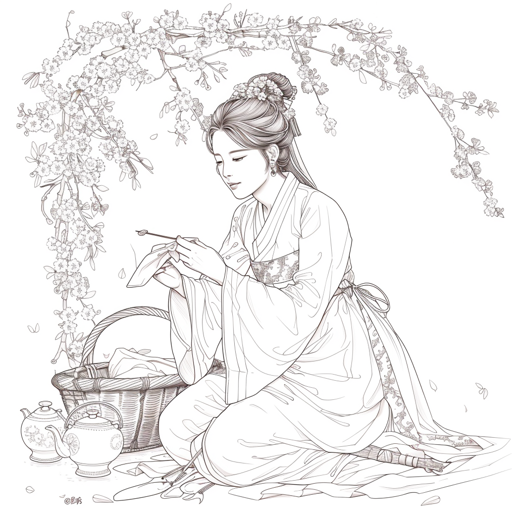 Spring Serenity: Maiden in Hanbok with Tea and Blossoms