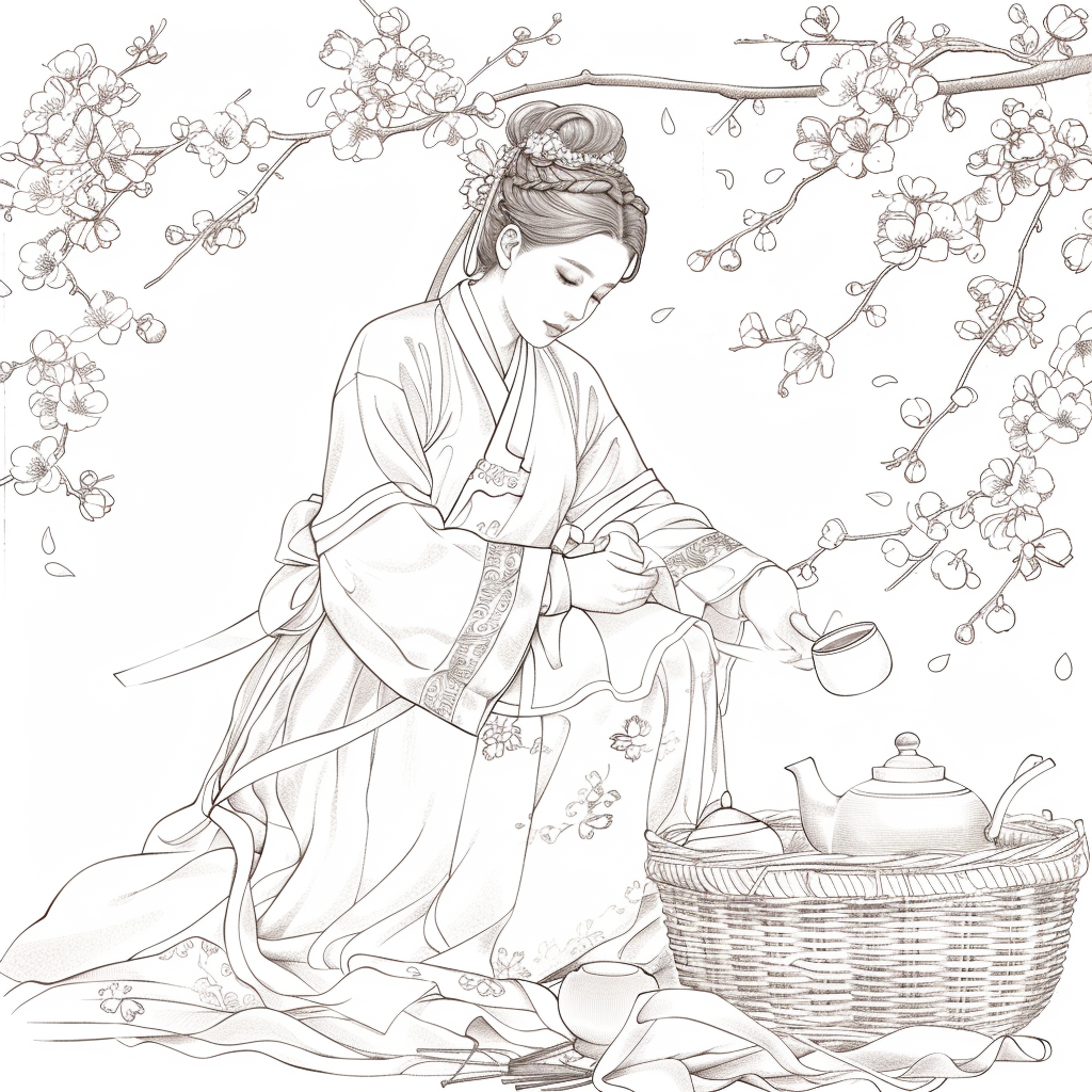 Spring Serenity: Maiden in Hanbok with Tea and Blossoms