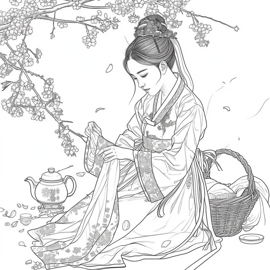 Spring Serenity: Maiden in Hanbok with Tea and Blossoms
