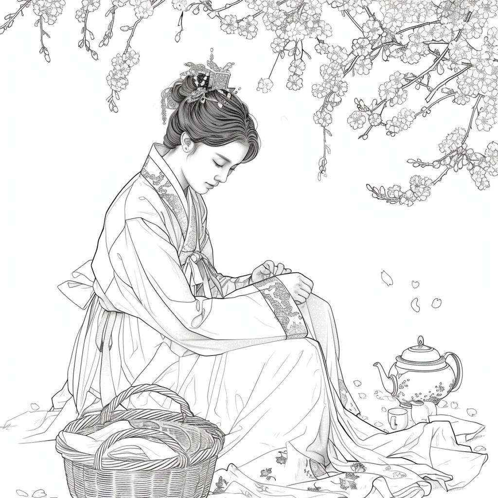 Spring Serenity: Maiden in Hanbok with Tea and Blossoms