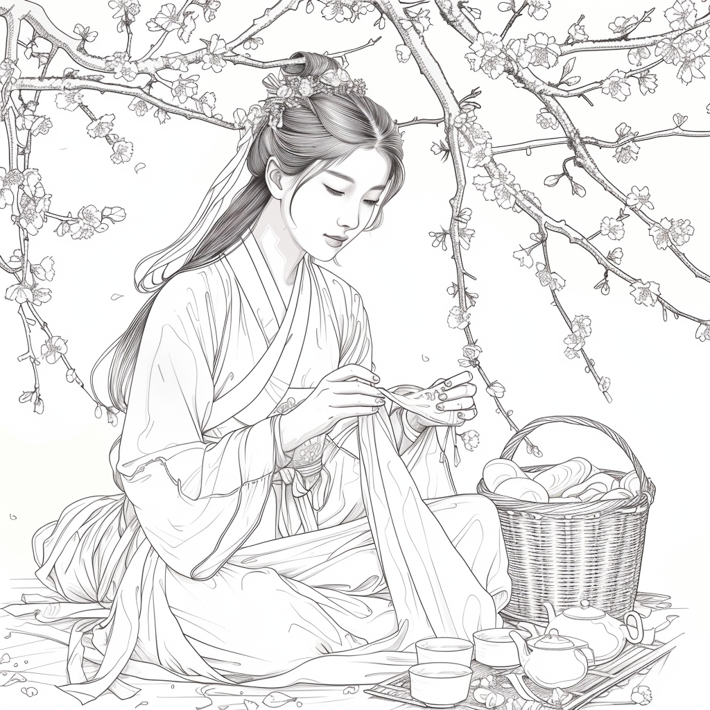Spring Serenity: Maiden in Hanbok with Tea and Blossoms