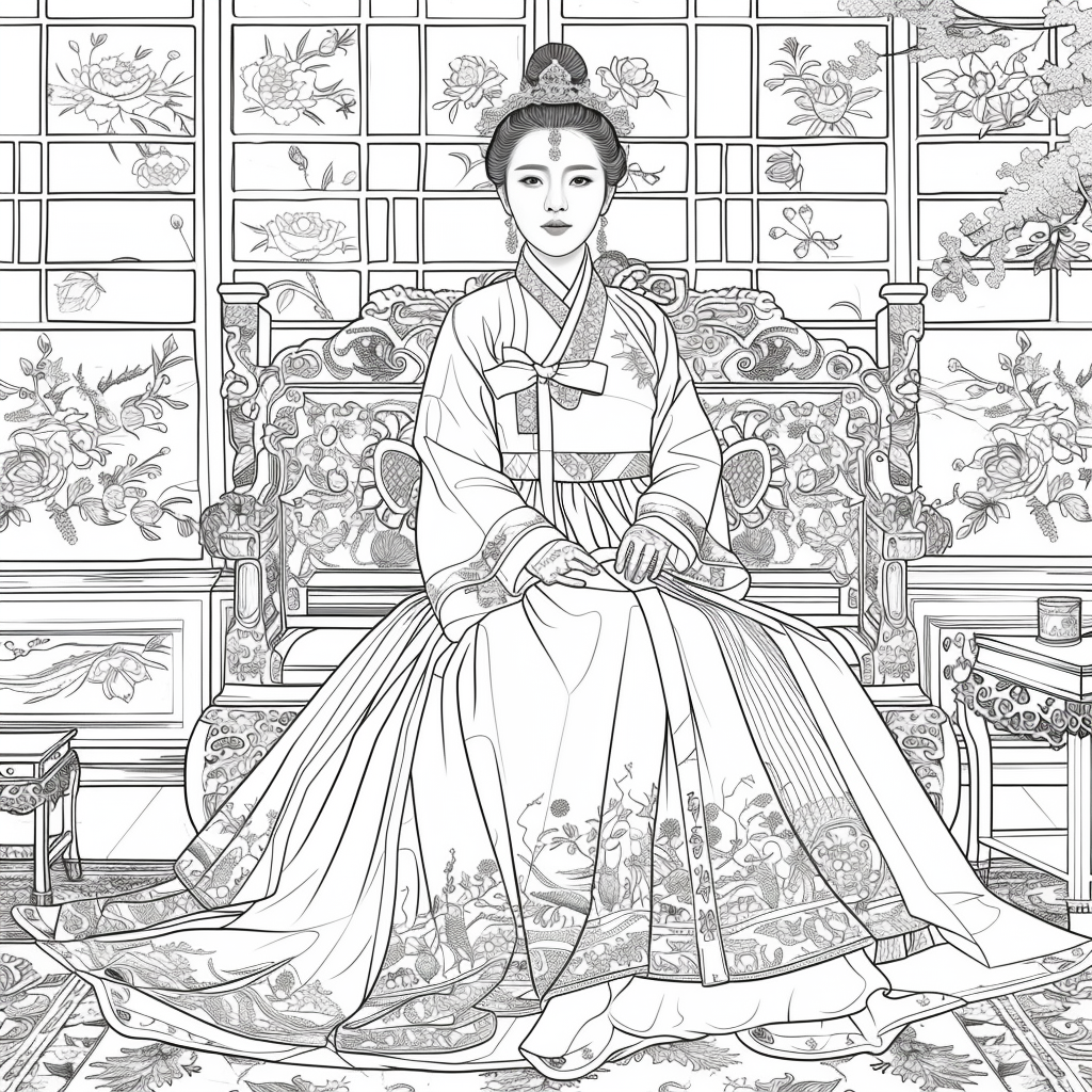 Throne of Blossoms: Korean Queen in Golden Hanbok