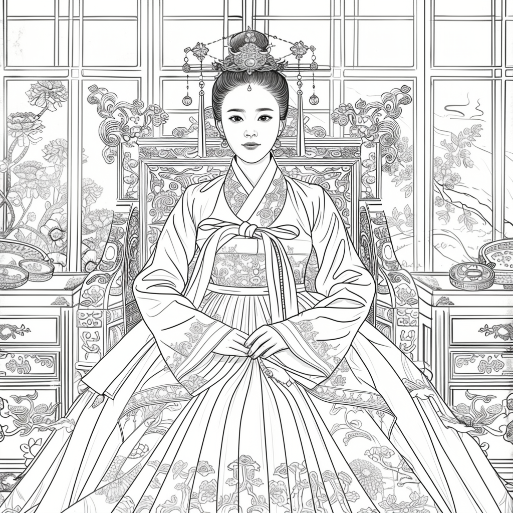 Throne of Blossoms: Korean Queen in Golden Hanbok