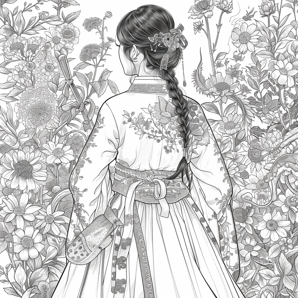 Rainbow Grace – The Blossom Maiden in Hanbok Splendor