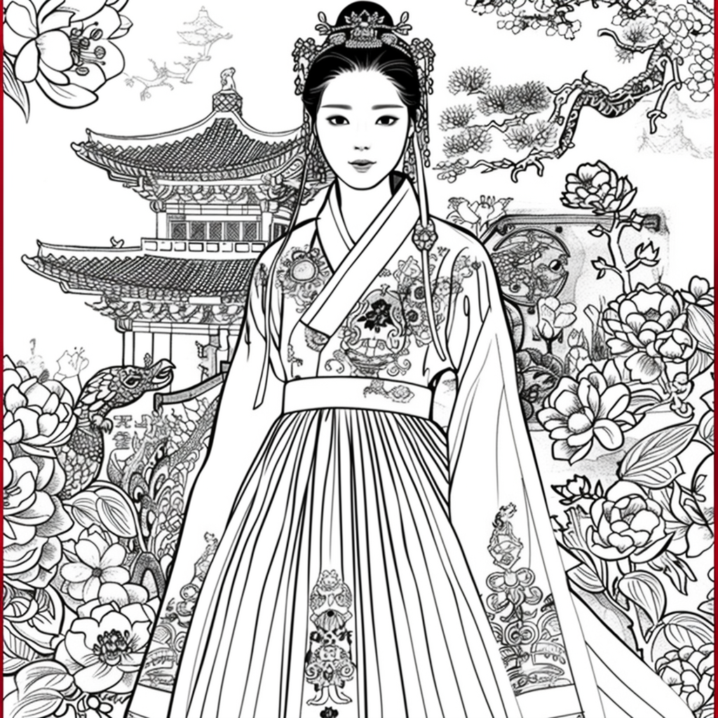 Rainbow Grace – The Blossom Maiden in Hanbok Splendor
