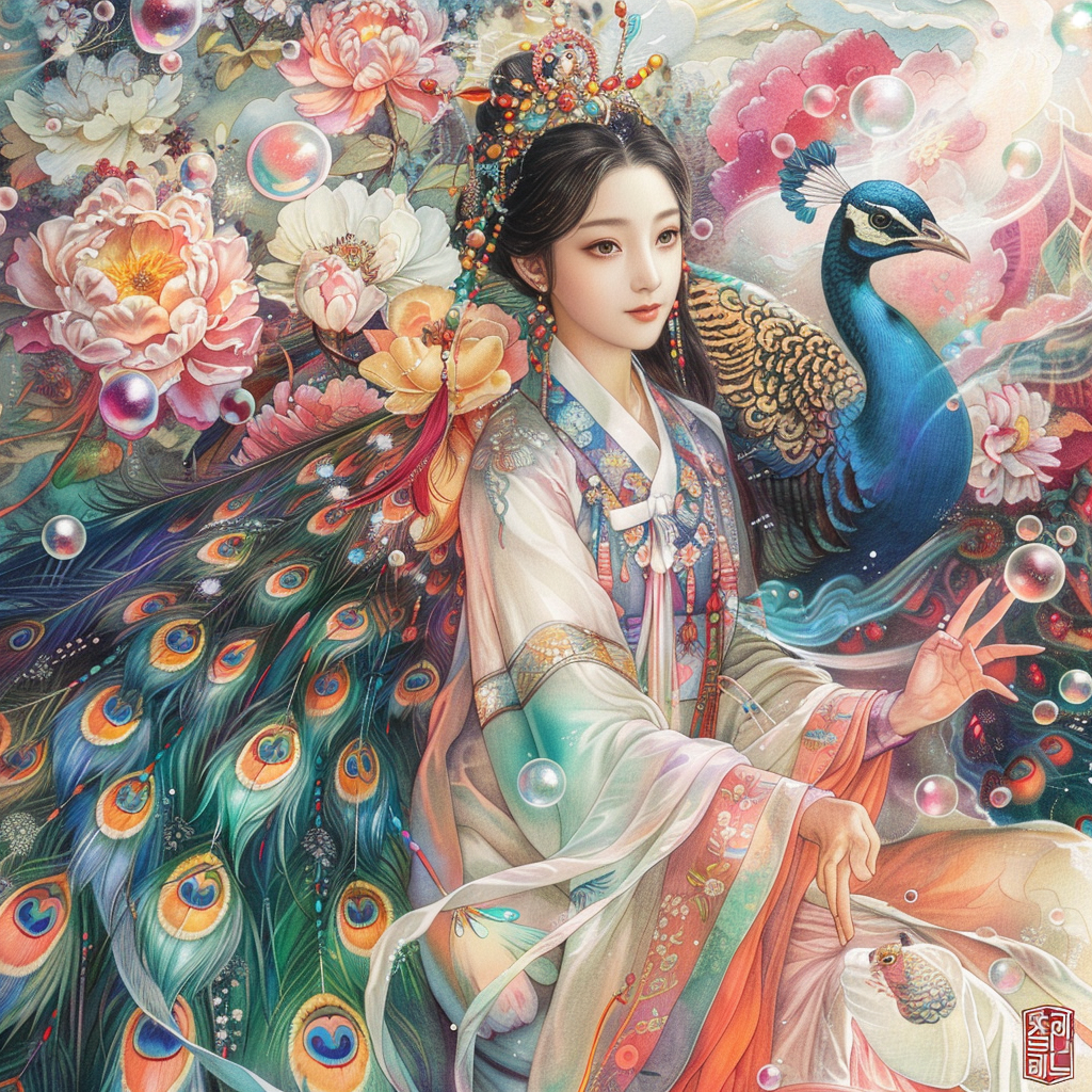 A radiant princess of Blossoms and the Peacock’s Grace
