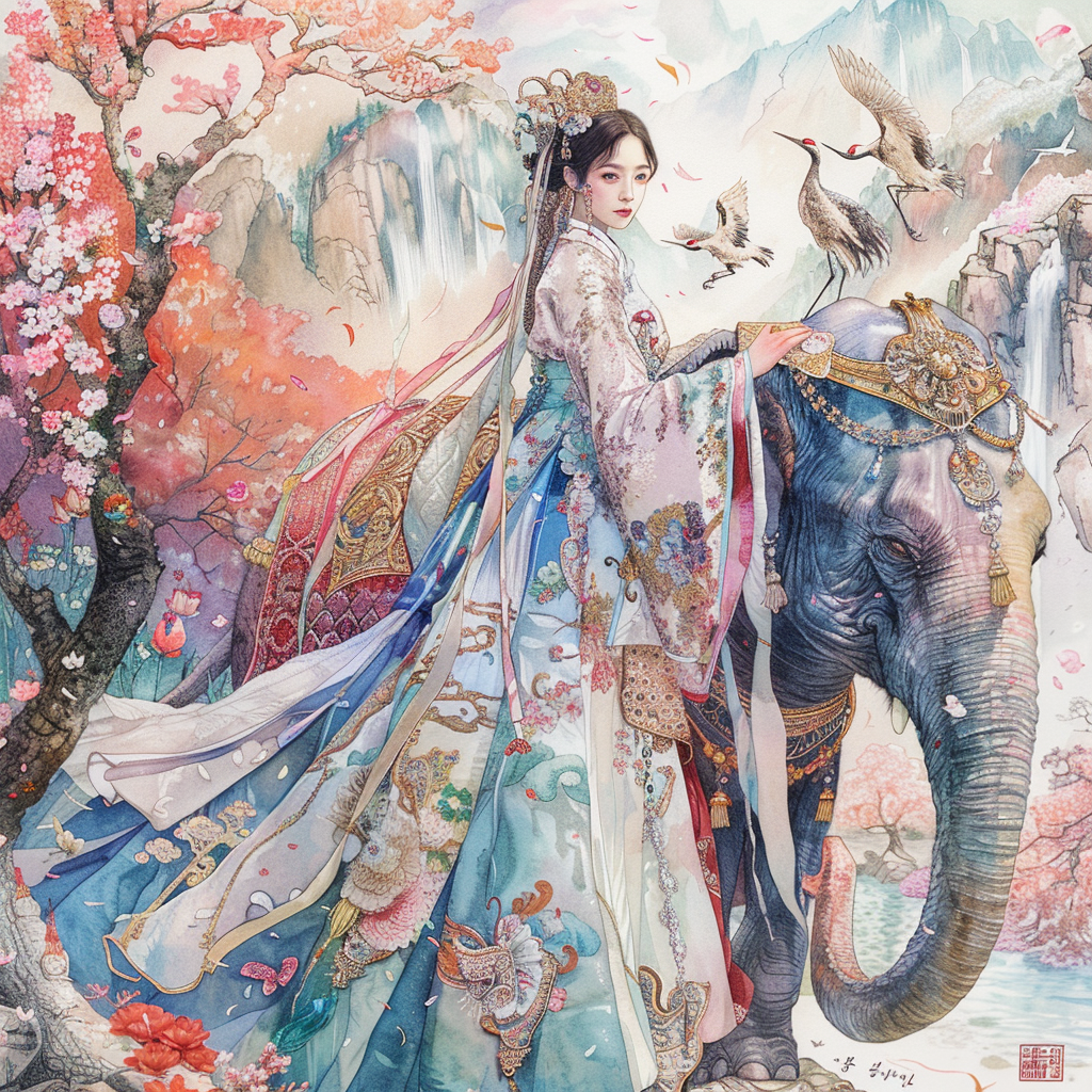 Princess of Spring: Elegance with Elephant and Cranes