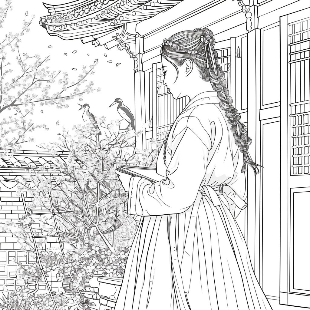 Spring Serenity: Korean Maiden with a Book