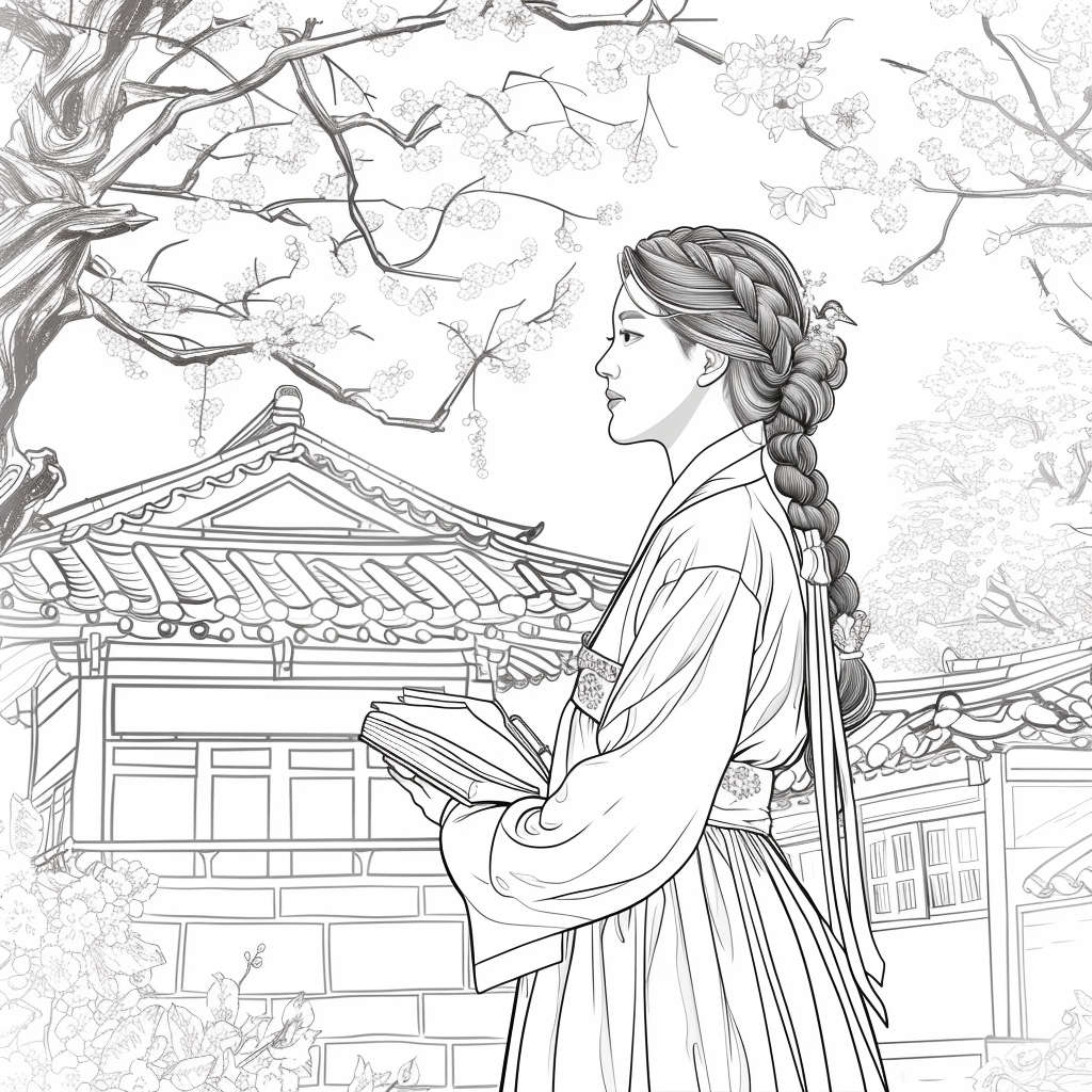 Spring Serenity: Korean Maiden with a Book
