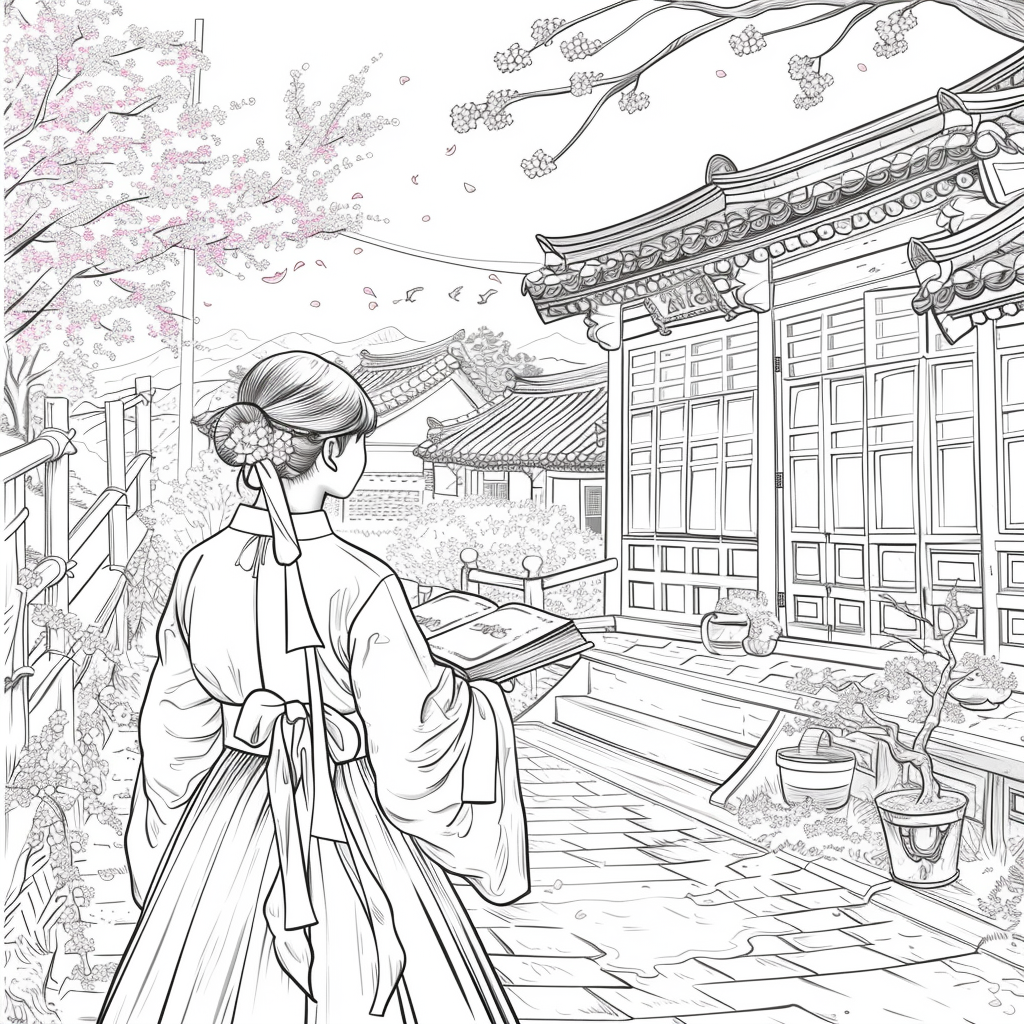 Spring Serenity: Korean Maiden with a Book