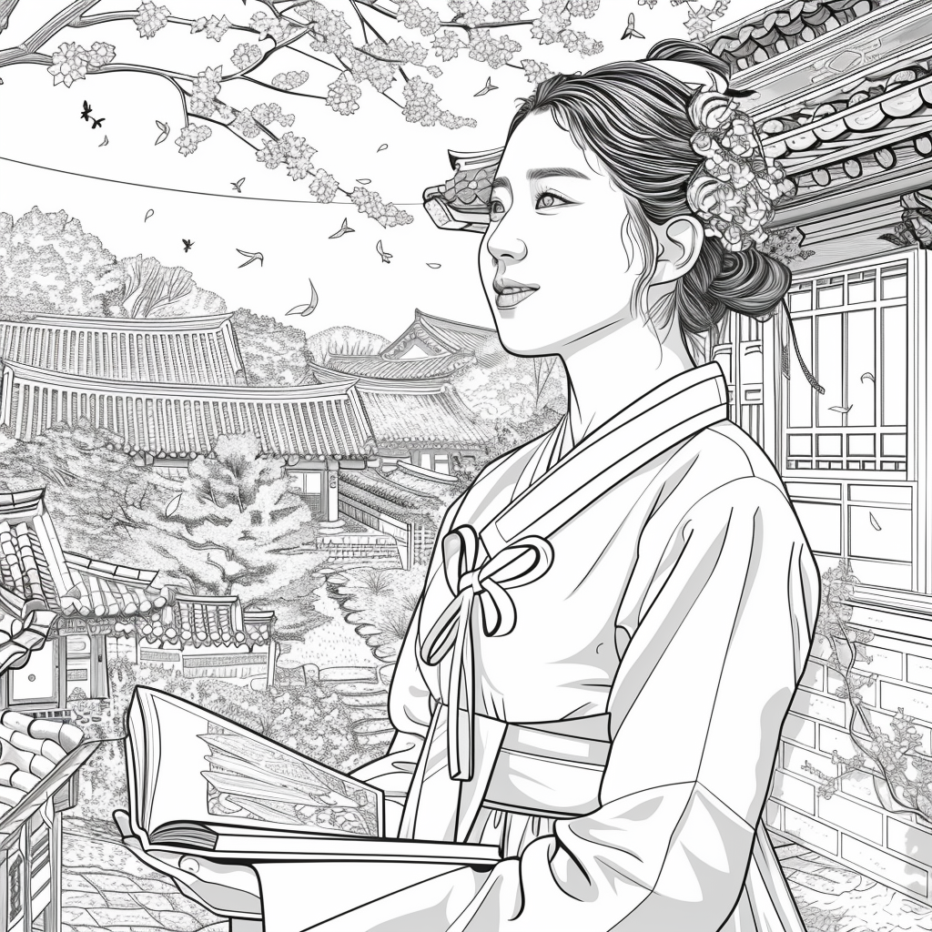 Spring Serenity: Korean Maiden with a Book