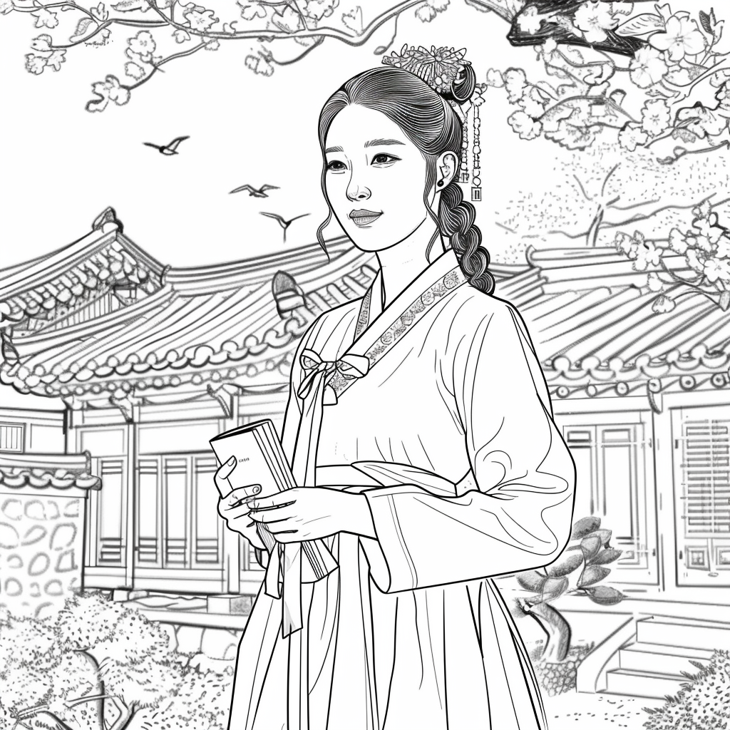 Spring Serenity: Korean Maiden with a Book