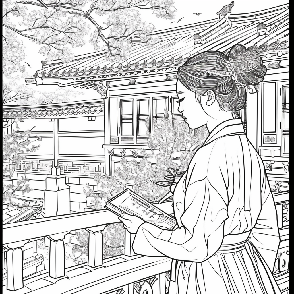 Spring Serenity: Korean Maiden with a Book