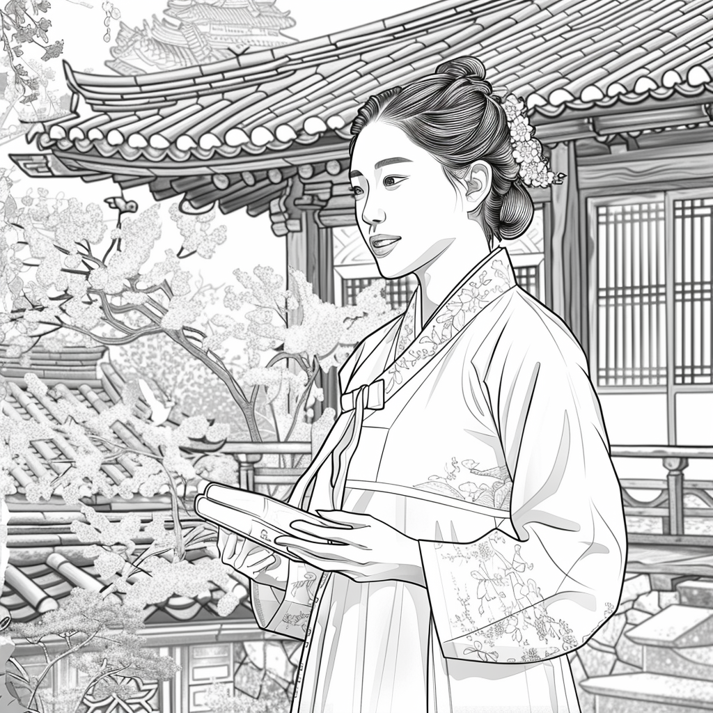 Spring Serenity: Korean Maiden with a Book