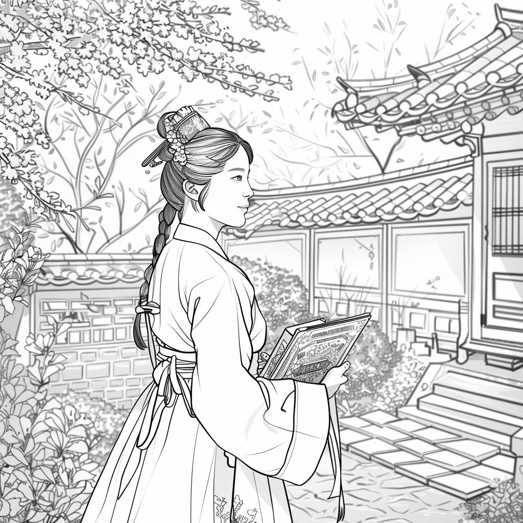 Spring Serenity: Korean Maiden with a Book