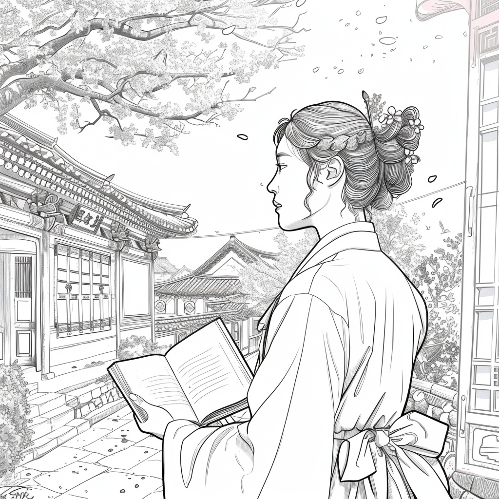 Spring Serenity: Korean Maiden with a Book