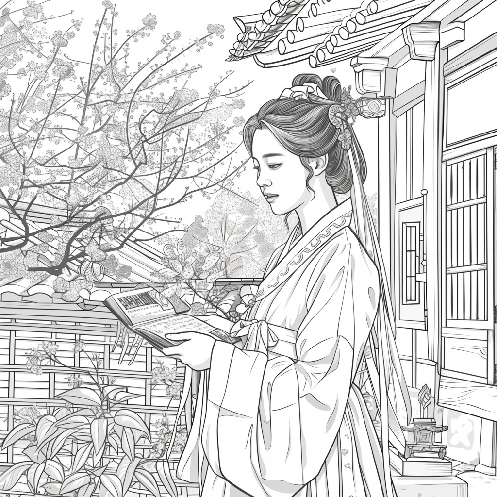 Spring Serenity: Korean Maiden with a Book