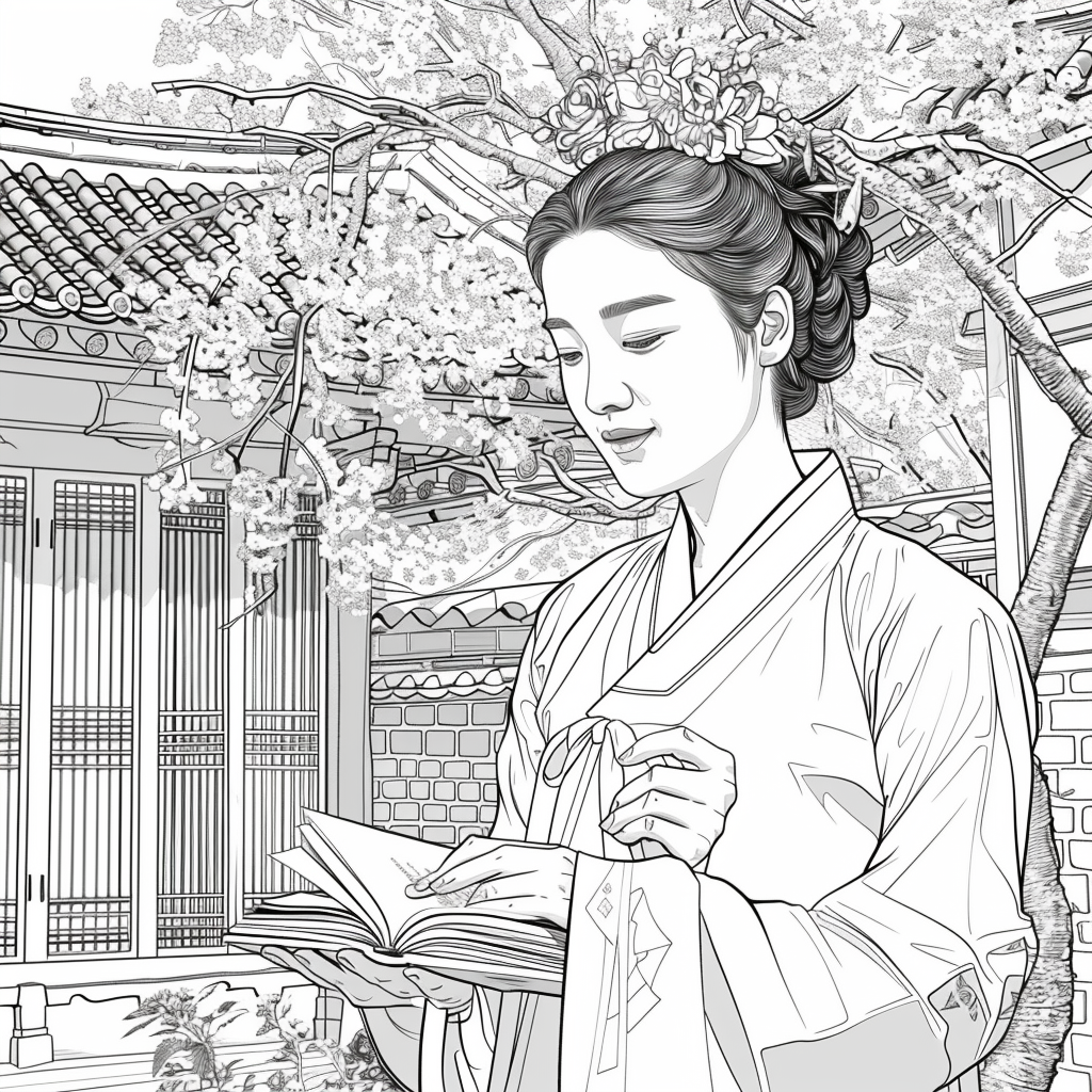 Spring Serenity: Korean Maiden with a Book