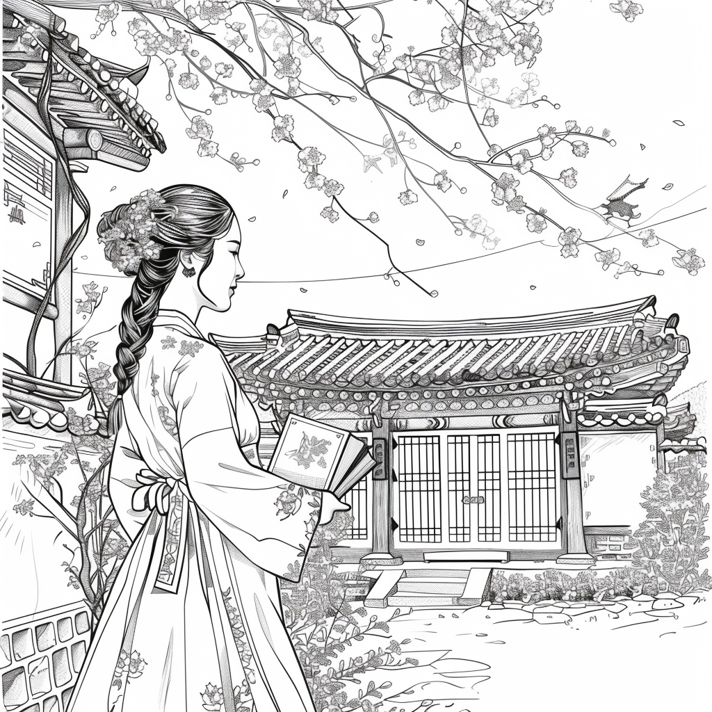 Spring Serenity: Korean Maiden with a Book