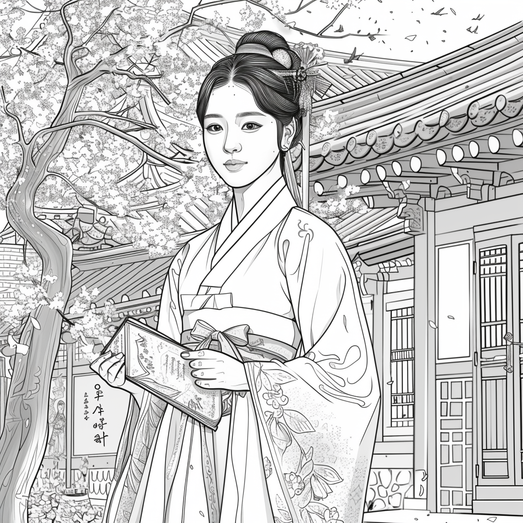 Spring Serenity: Korean Maiden with a Book