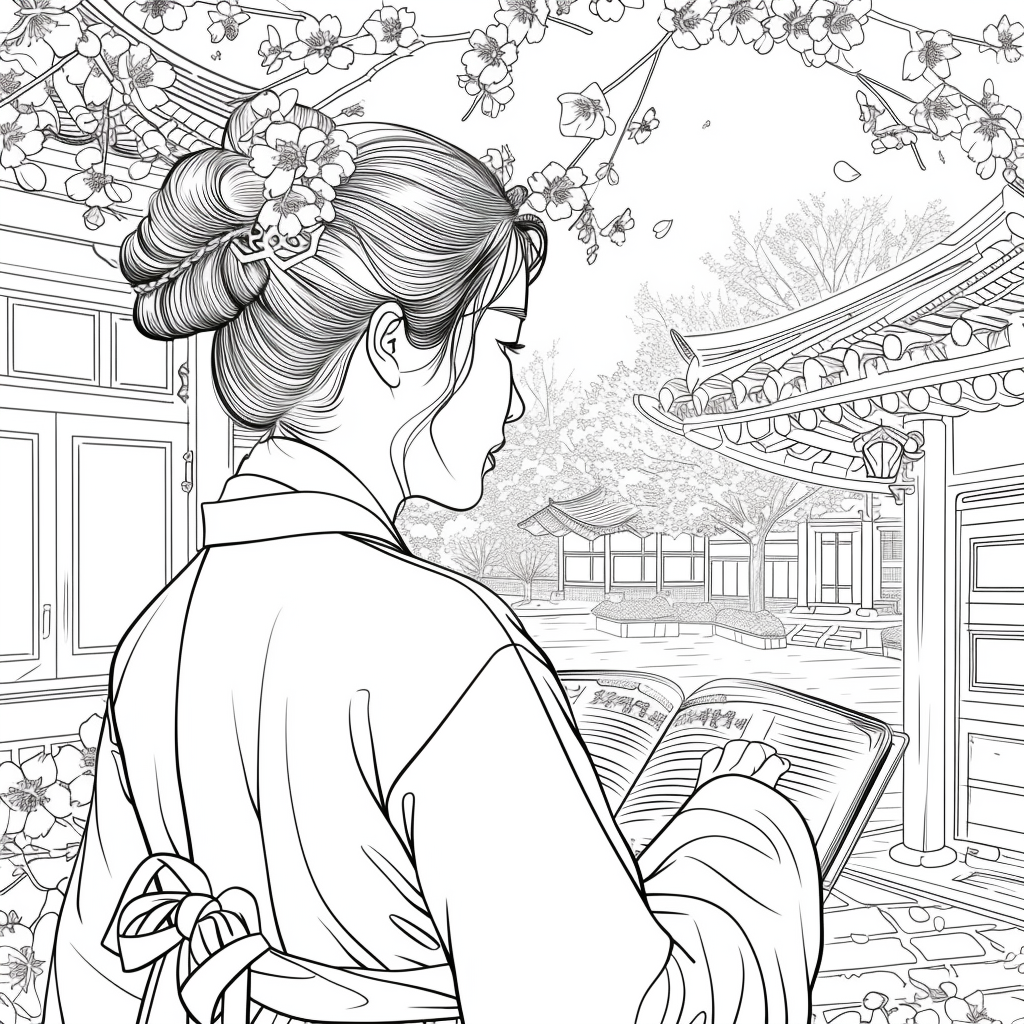 Spring Serenity: Korean Maiden with a Book