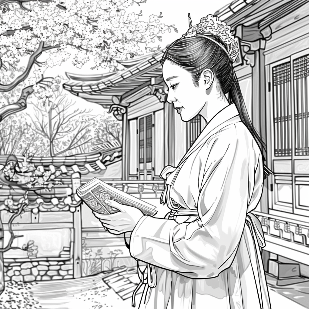 Spring Serenity: Korean Maiden with a Book