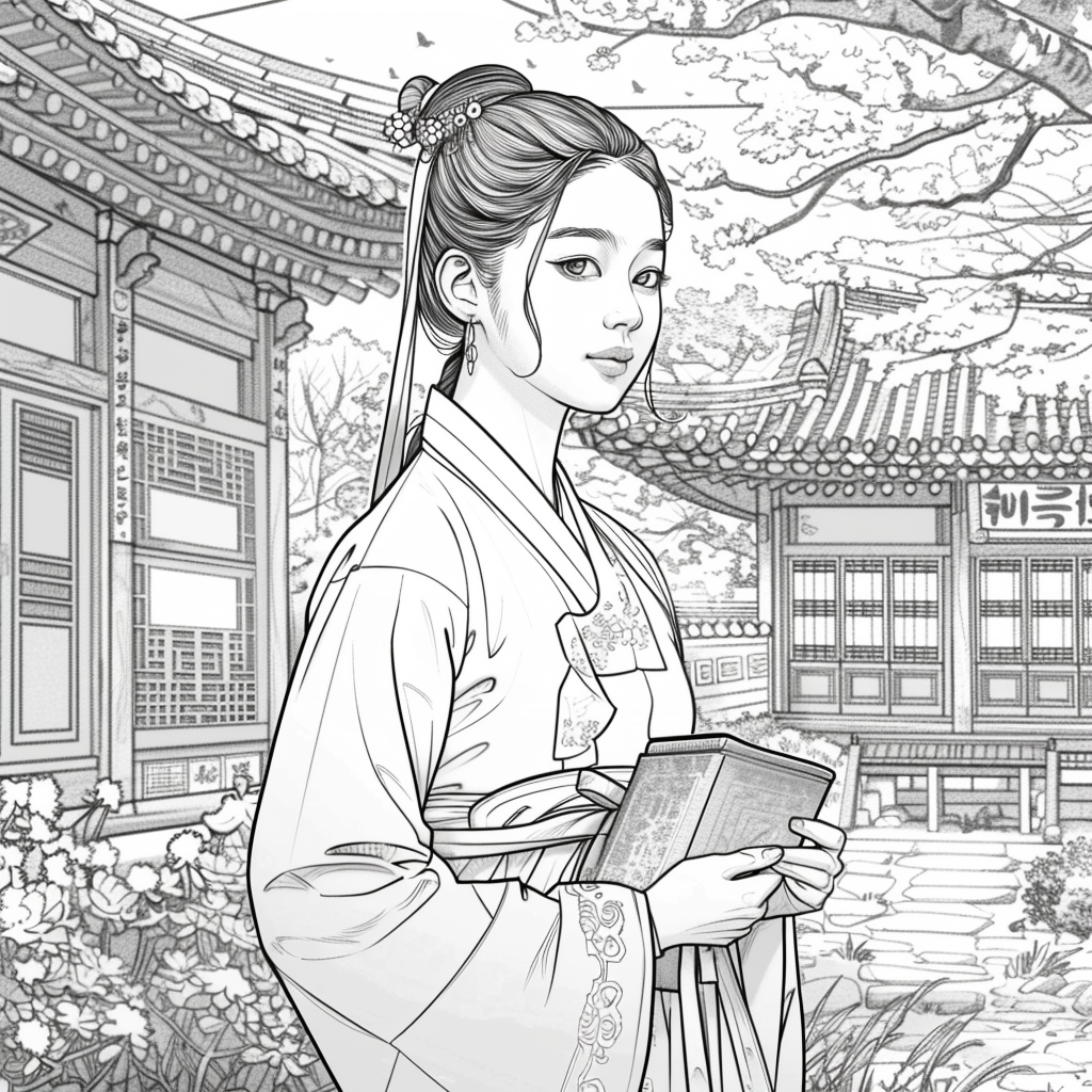 Spring Serenity: Korean Maiden with a Book