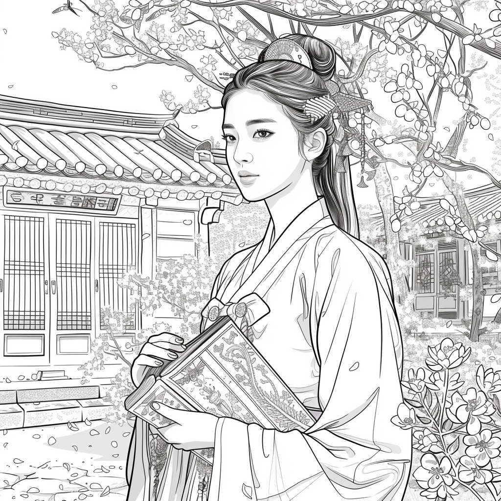 Spring Serenity: Korean Maiden with a Book