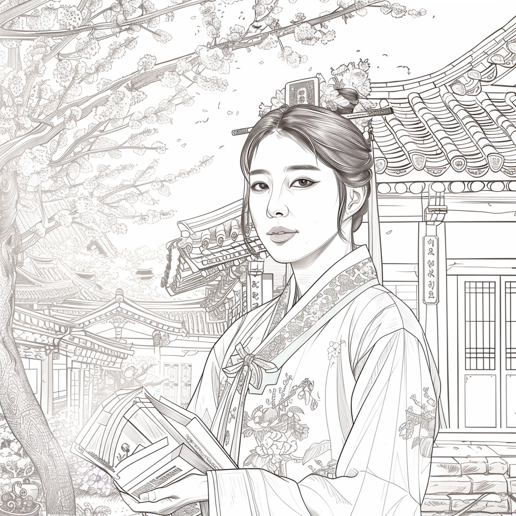 Spring Serenity: Korean Maiden with a Book