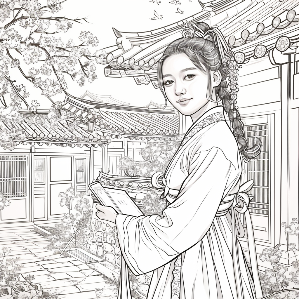 Spring Serenity: Korean Maiden with a Book