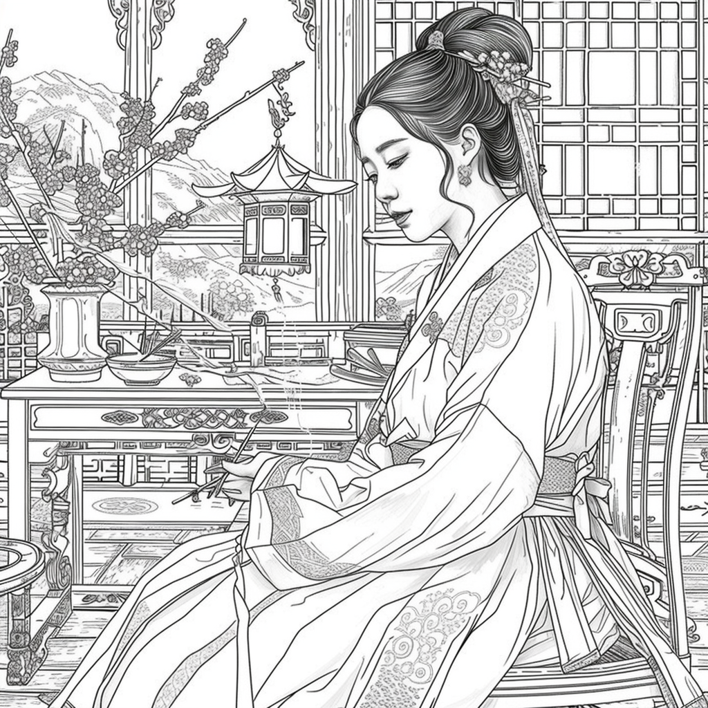 Moonlit Letters: Korean Maiden at Her Writing Desk