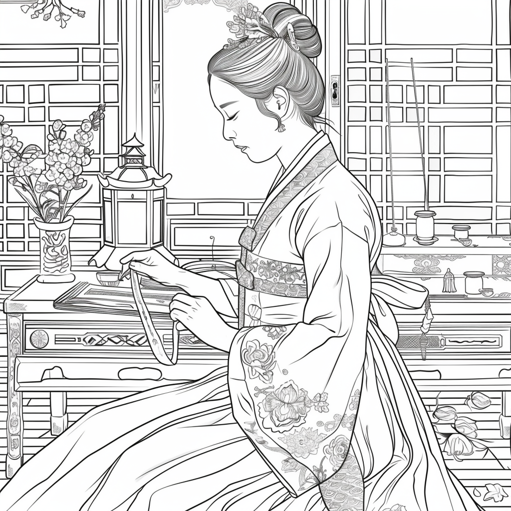 Moonlit Letters: Korean Maiden at Her Writing Desk