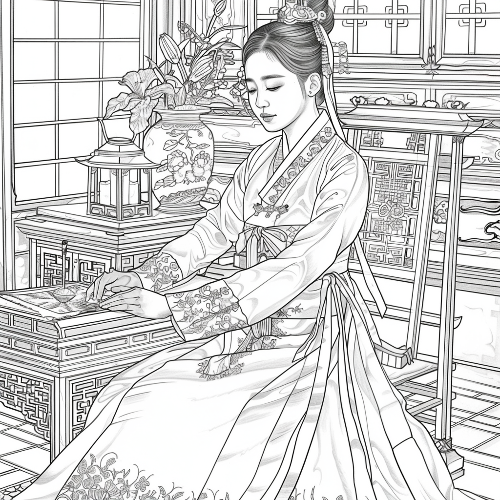 Moonlit Letters: Korean Maiden at Her Writing Desk