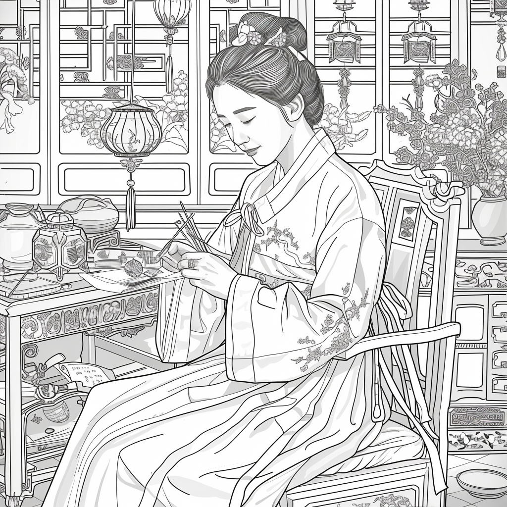 Moonlit Letters: Korean Maiden at Her Writing Desk