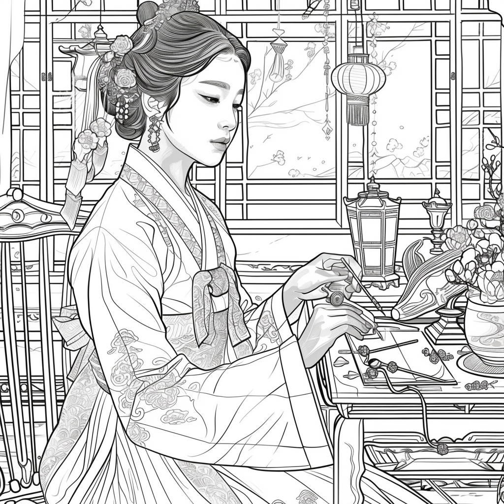 Moonlit Letters: Korean Maiden at Her Writing Desk