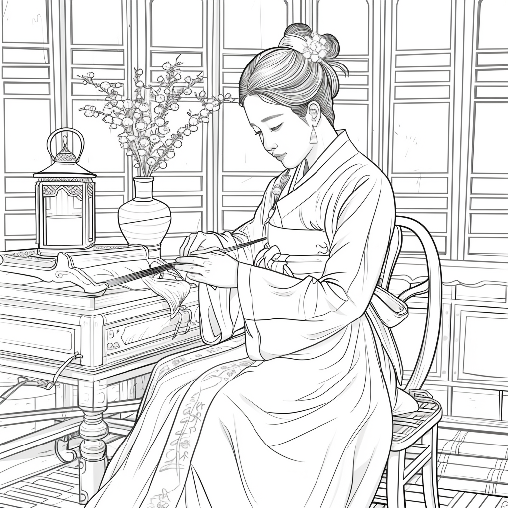 Moonlit Letters: Korean Maiden at Her Writing Desk