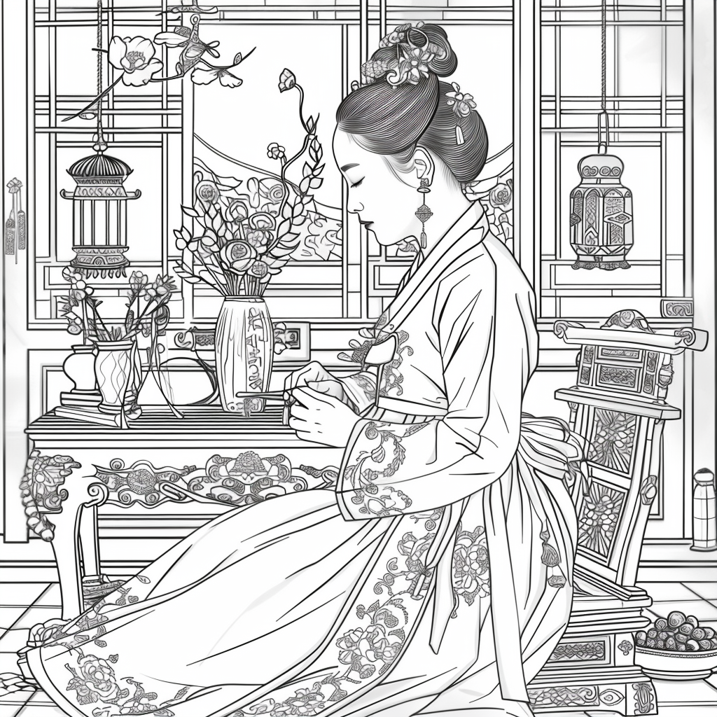 Moonlit Letters: Korean Maiden at Her Writing Desk