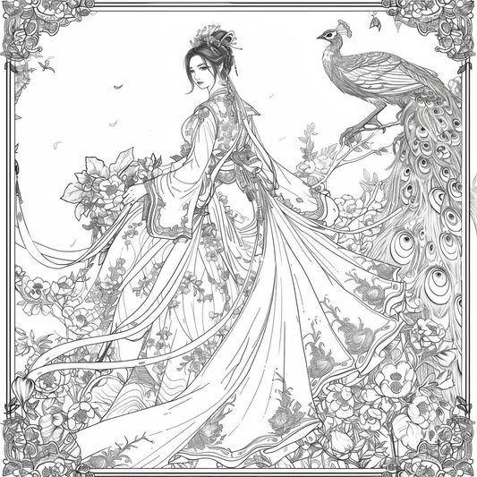 A graceful empress stands adorned in an opulent hanbok