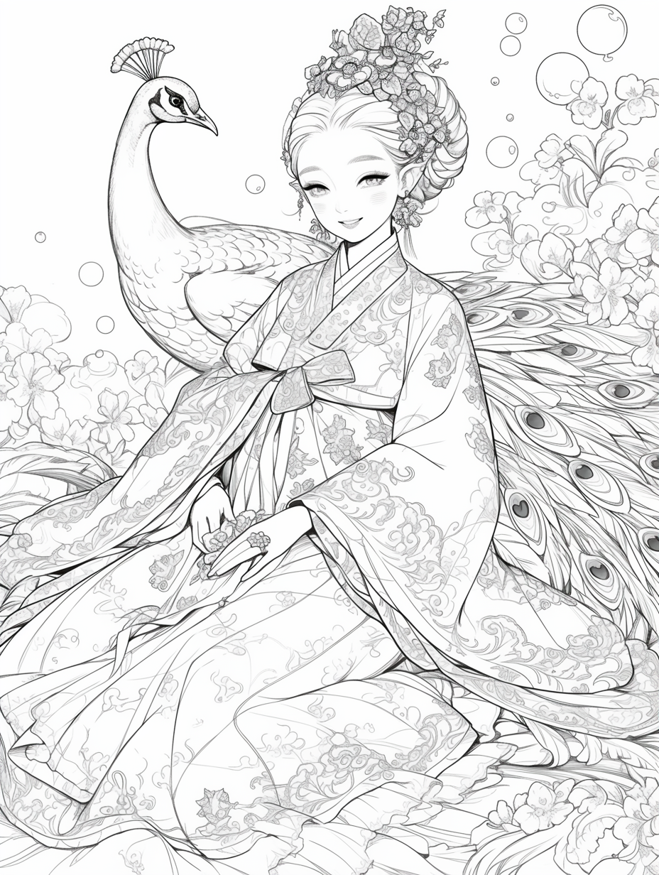 Korean Hanbok Fantasy with Peacock Wings