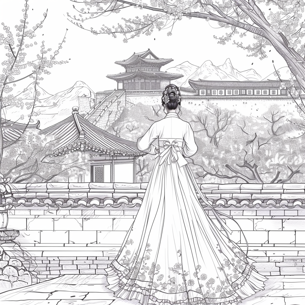 Spring Reverie: Hanbok Lady Overlooking the Palace