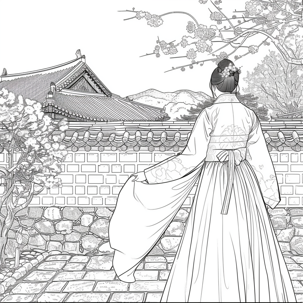 Spring Reverie: Hanbok Lady Overlooking the Palace