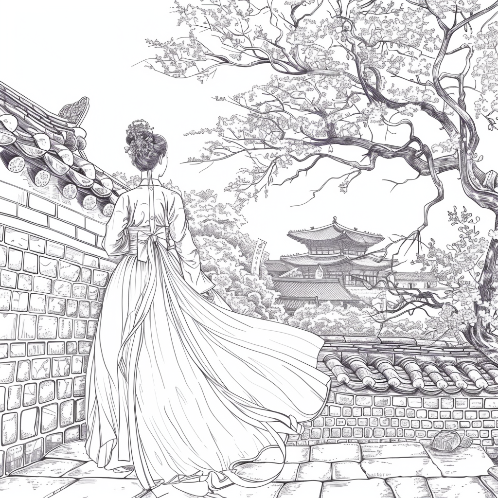 Spring Reverie: Hanbok Lady Overlooking the Palace
