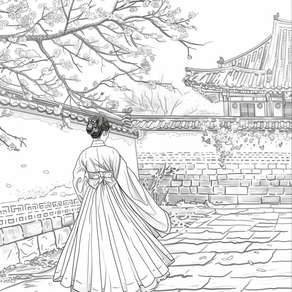 Spring Reverie: Hanbok Lady Overlooking the Palace
