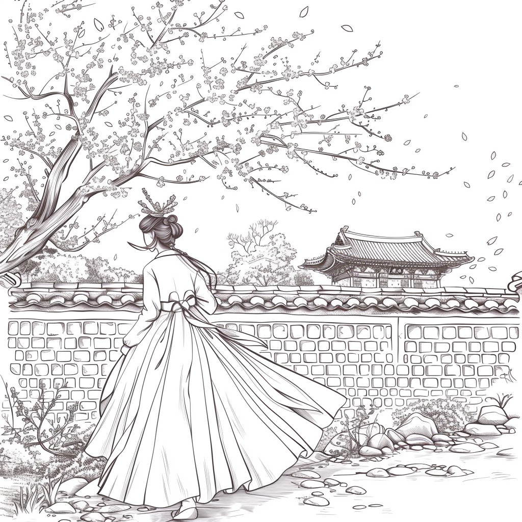 Spring Reverie: Hanbok Lady Overlooking the Palace