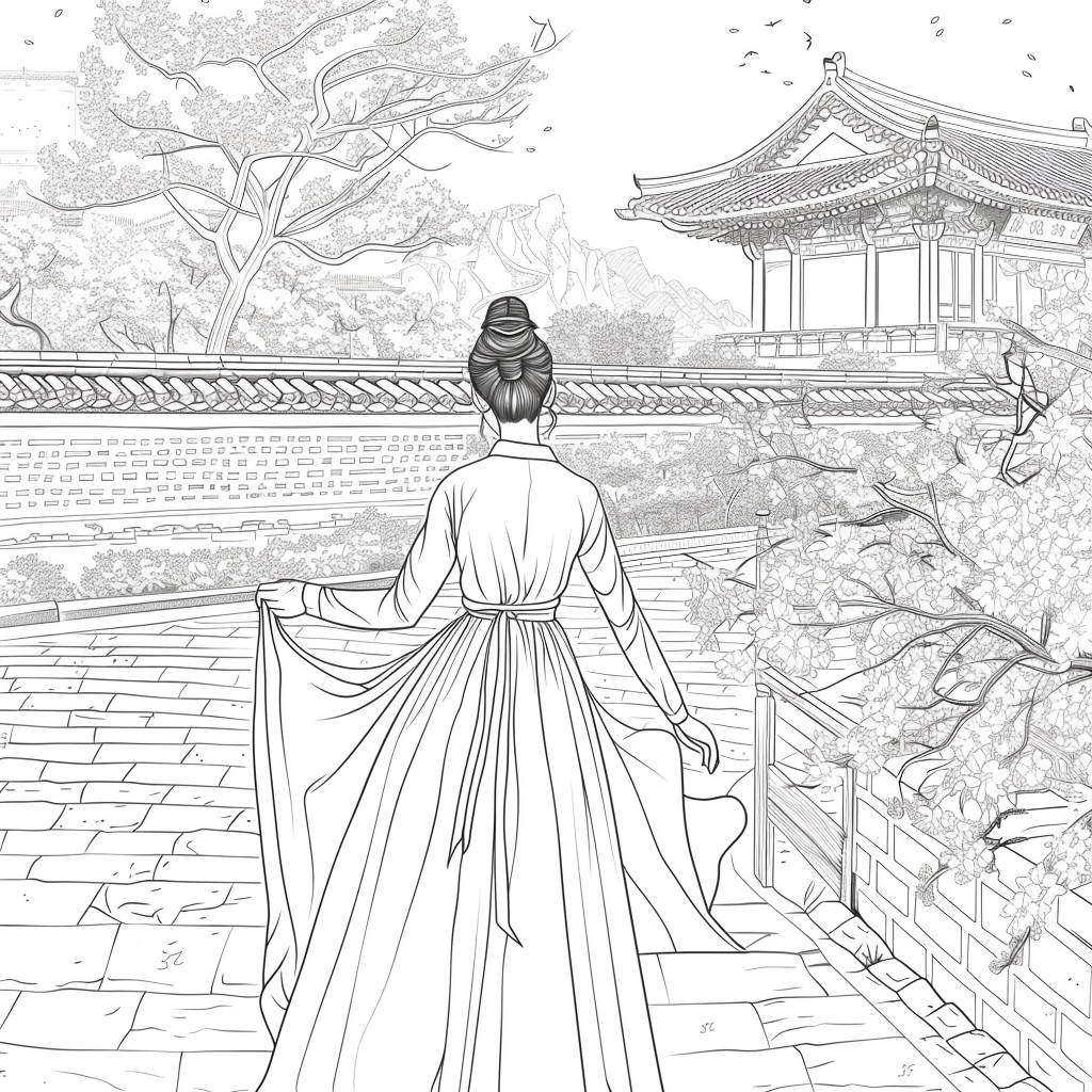 Spring Reverie: Hanbok Lady Overlooking the Palace