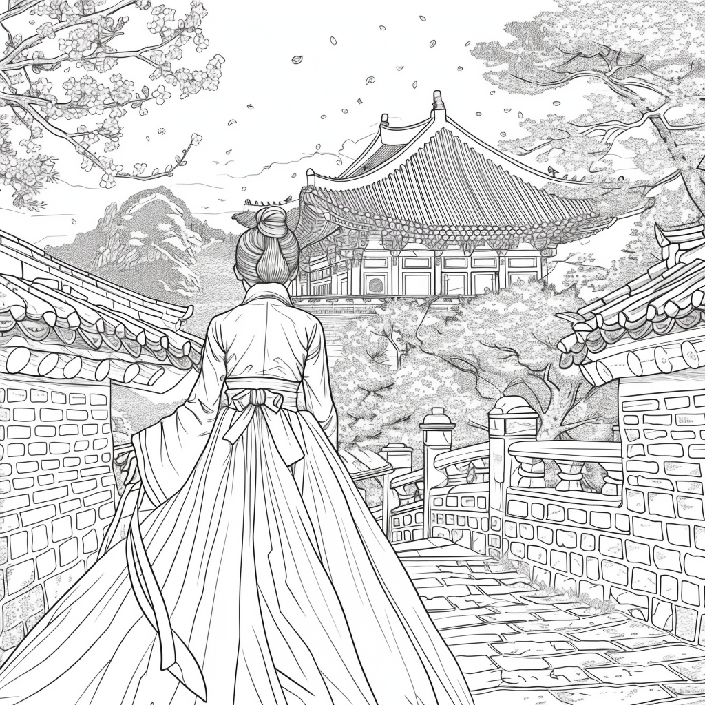 Spring Reverie: Hanbok Lady Overlooking the Palace