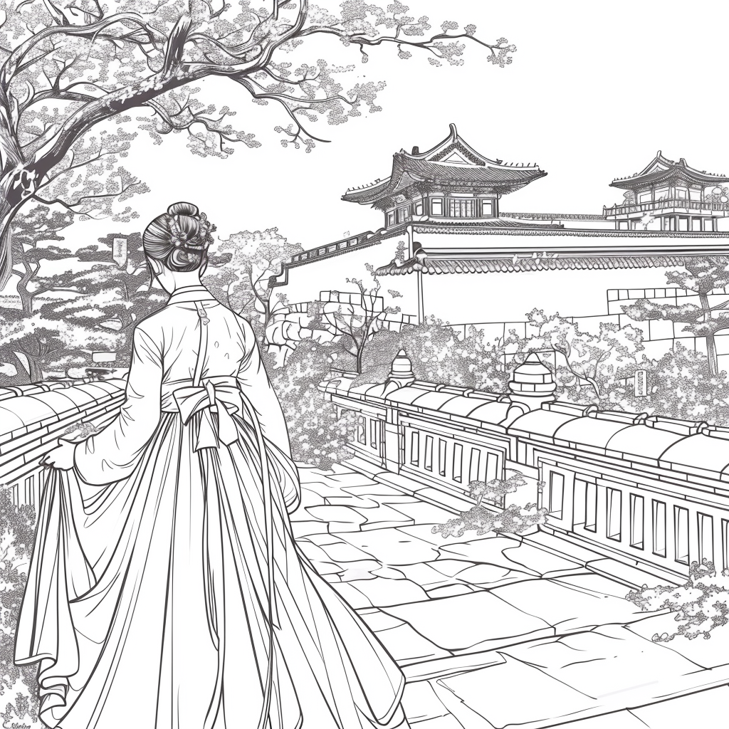 Spring Reverie: Hanbok Lady Overlooking the Palace