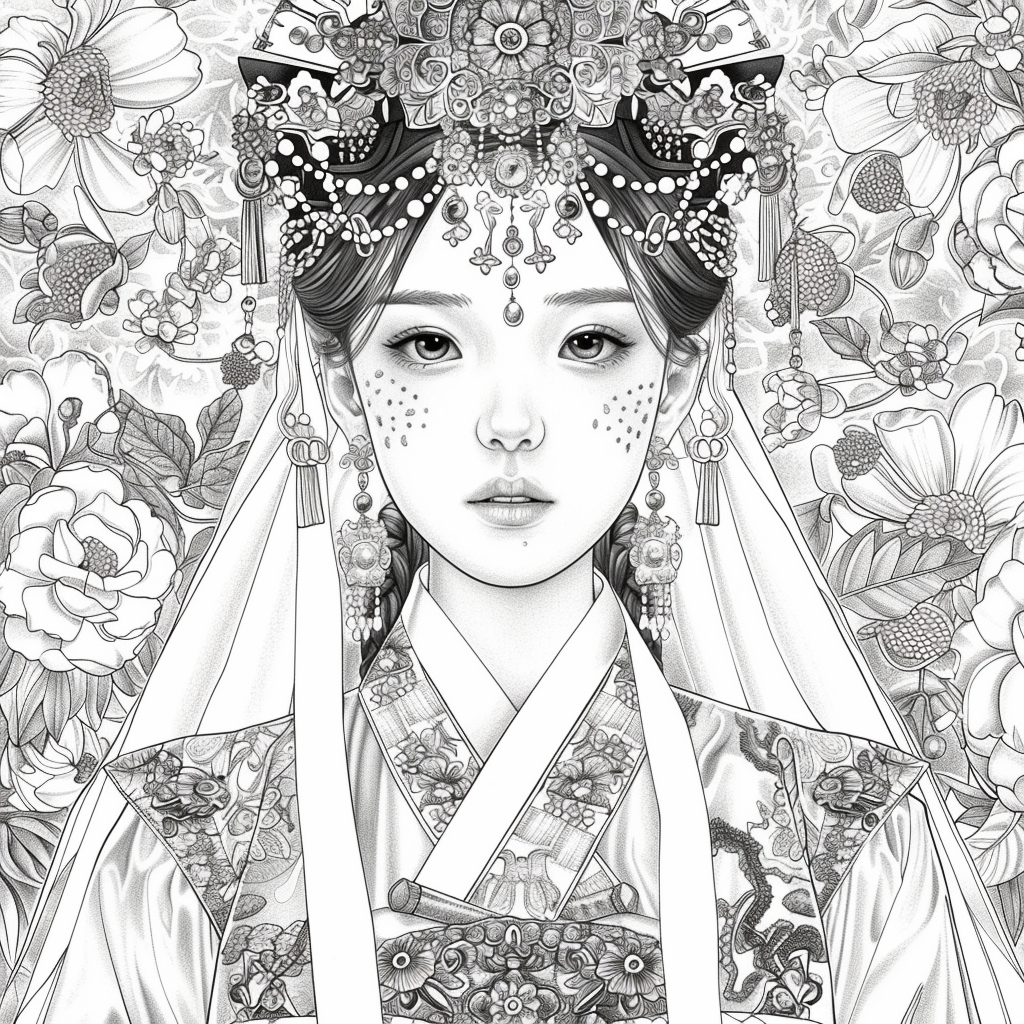 Crown of Blossoms: Korean Bride in Regal Hanbok
